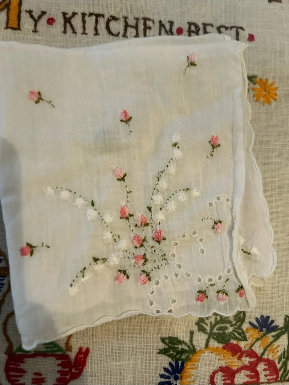 Vintage Embroidered White Linen Handkerchief with Pink Rosebuds and green button